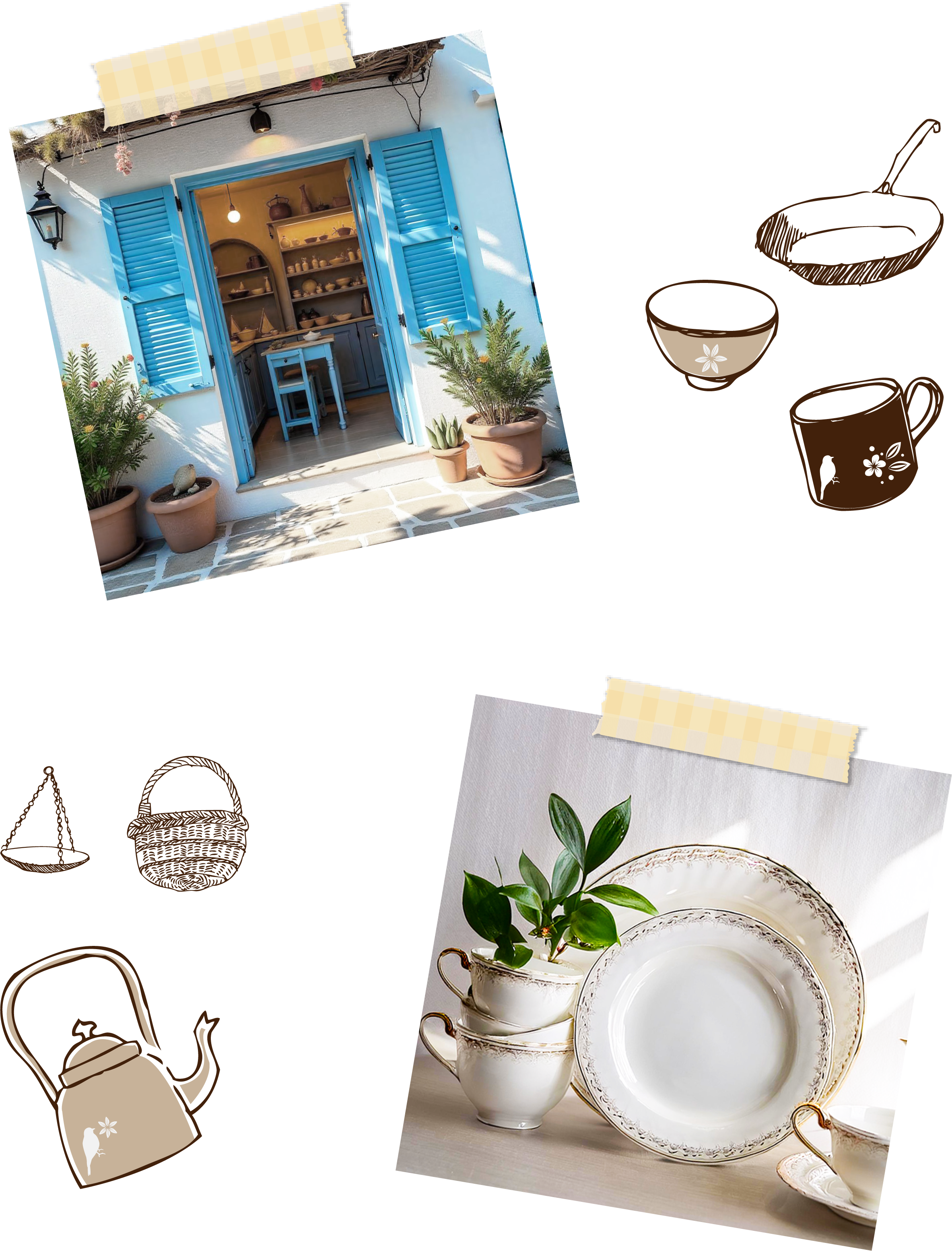 お店の外観、商品、イラストが並んだ画像