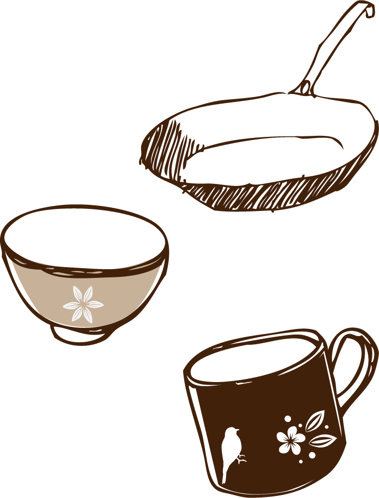 お皿、コップ、フライパンのイラスト